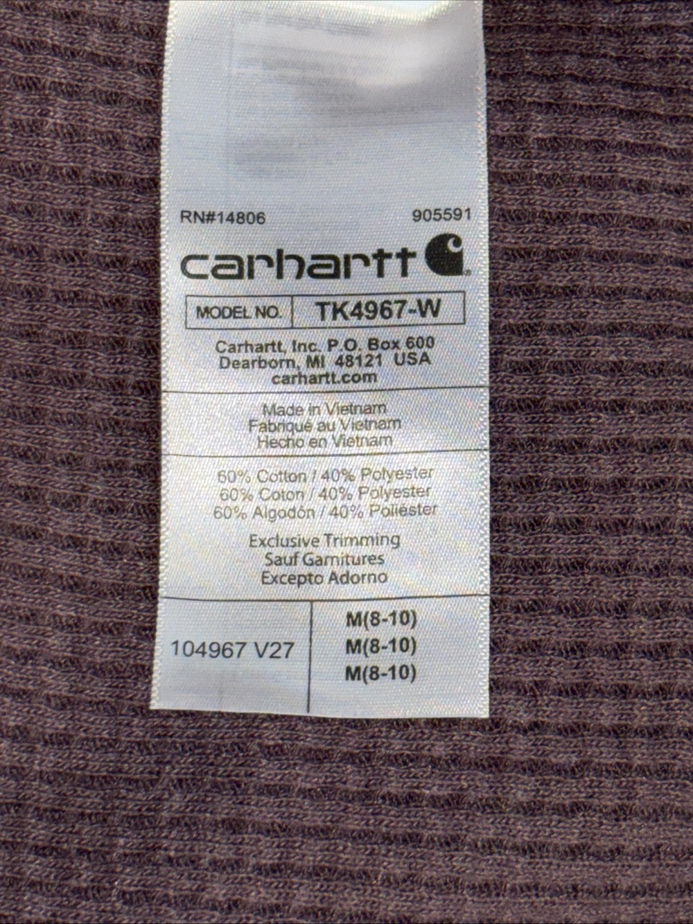 Carhartt Womens Waffle-Knit Hooded Top  -  Plum - Picture 10 of 12